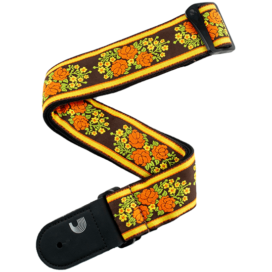 D'Addario Peace & Love Woven Guitar Strap Brown And Yellow 